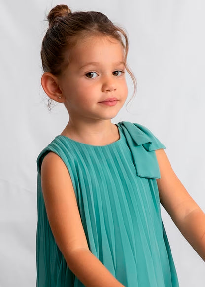 Vestido plisado lazo en hombro, verde lago
