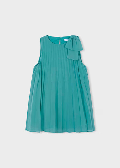 Vestido plisado lazo en hombro, verde lago