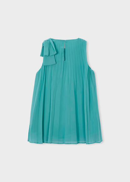 Vestido plisado lazo en hombro, verde lago