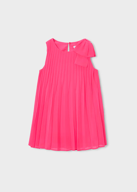 Vestido plisado lazo en hombro, rosa clavel