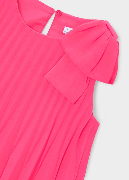 Vestido plisado lazo en hombro, rosa clavel