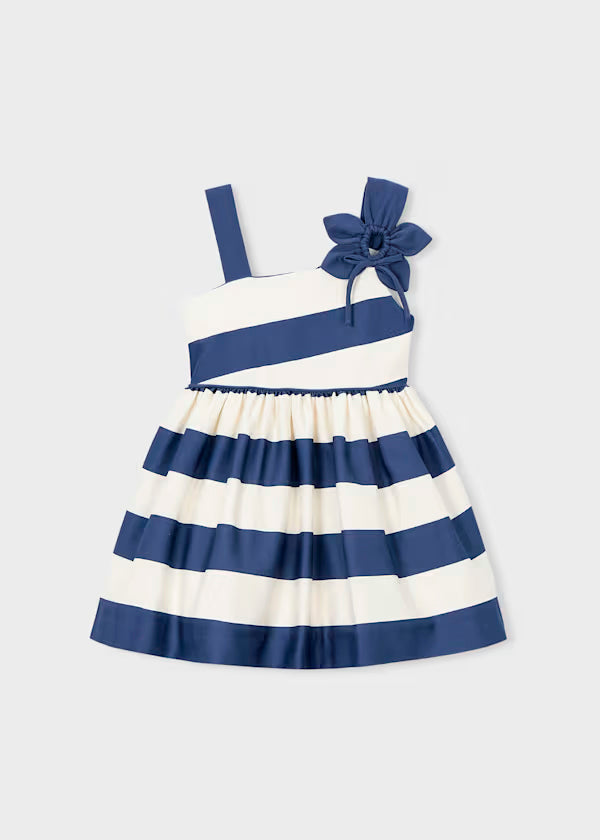 Vestido ceremonia rayas azul asimetrico