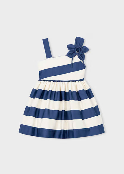 Vestido ceremonia rayas azul asimetrico