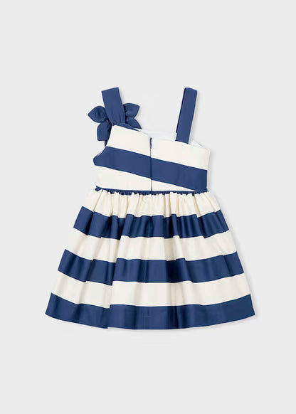 Vestido ceremonia rayas azul asimetrico