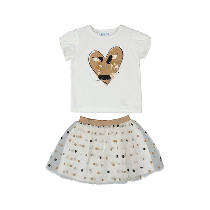 Conjunto falda lunares tul y playera corazón