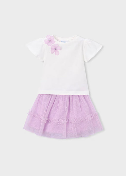Conjunto falda tul lavanda y camiseta blanco