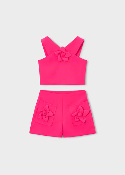 Conjunto pantalón corto y top flor rosa clavel