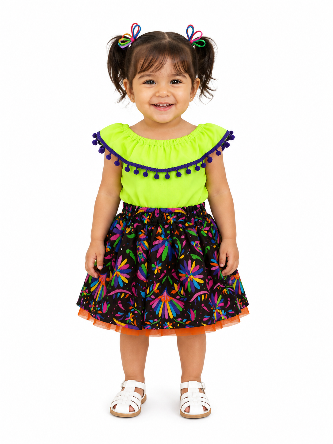 SET PATRIO TUTU CON BLUSA CAMPESINA NEON POMPON AZUL, FALDA PAJAROS