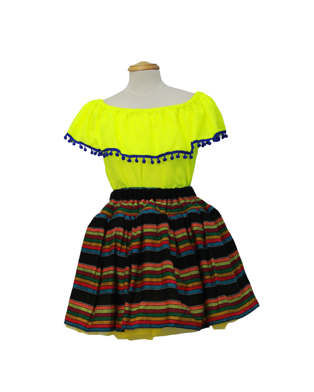 SET PATRIO TUTU CON BLUSA CAMPESINA AMARILLA POMPON AZUL, FALDA CAMBAYA RAYAS