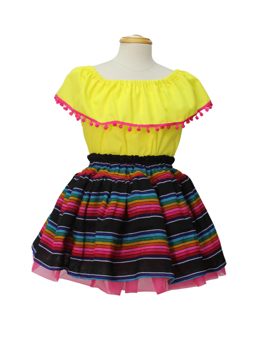 SET PATRIO TUTU CON BLUSA CAMPESINA AMARILLA POMPON ROSA, FALDA CAMBAYA RAYAS