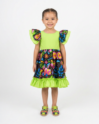 VESTIDO ADELITA TIPICO PATRIO ELEGANTE PETO VERDE FALDA FLORES NEGRA