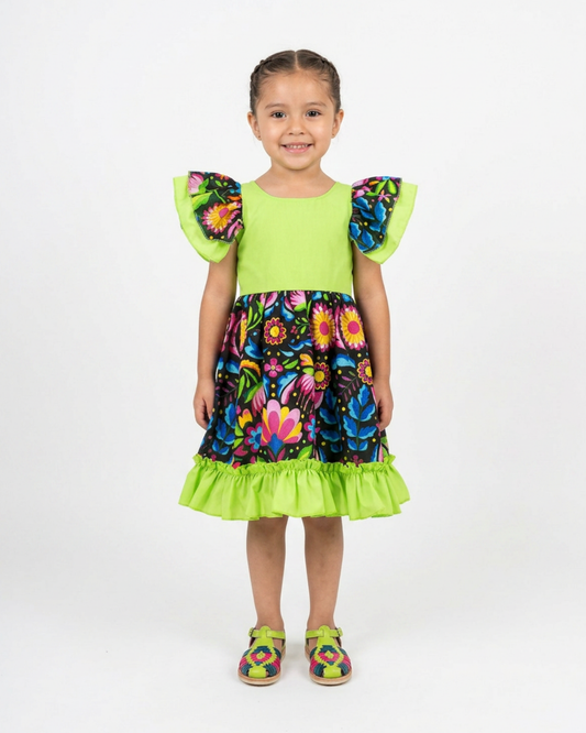 VESTIDO ADELITA TIPICO PATRIO ELEGANTE PETO VERDE FALDA FLORES NEGRA
