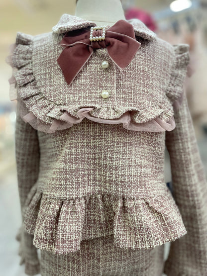 Conjunto jersey manga semi campana y pantalón corte recto tono rosa