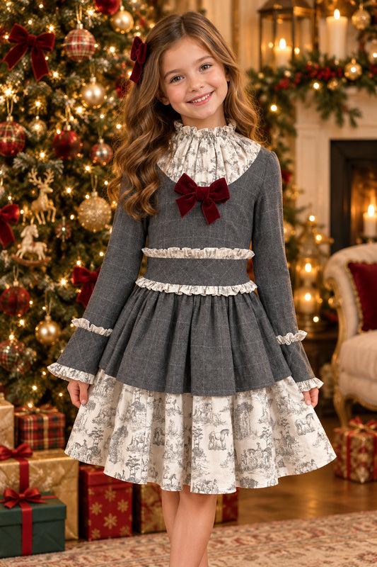 Vestido cuadros plomo cuello amplio y moño terciopelo