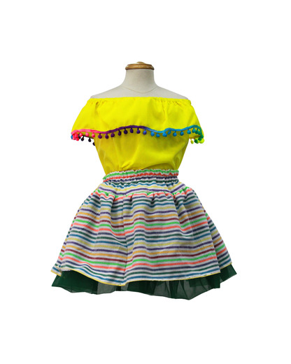 SET PATRIO TUTU CON BLUSA CAMPESINA AMARILLA POMPON ARCOIRIS, FALDA RAYAS