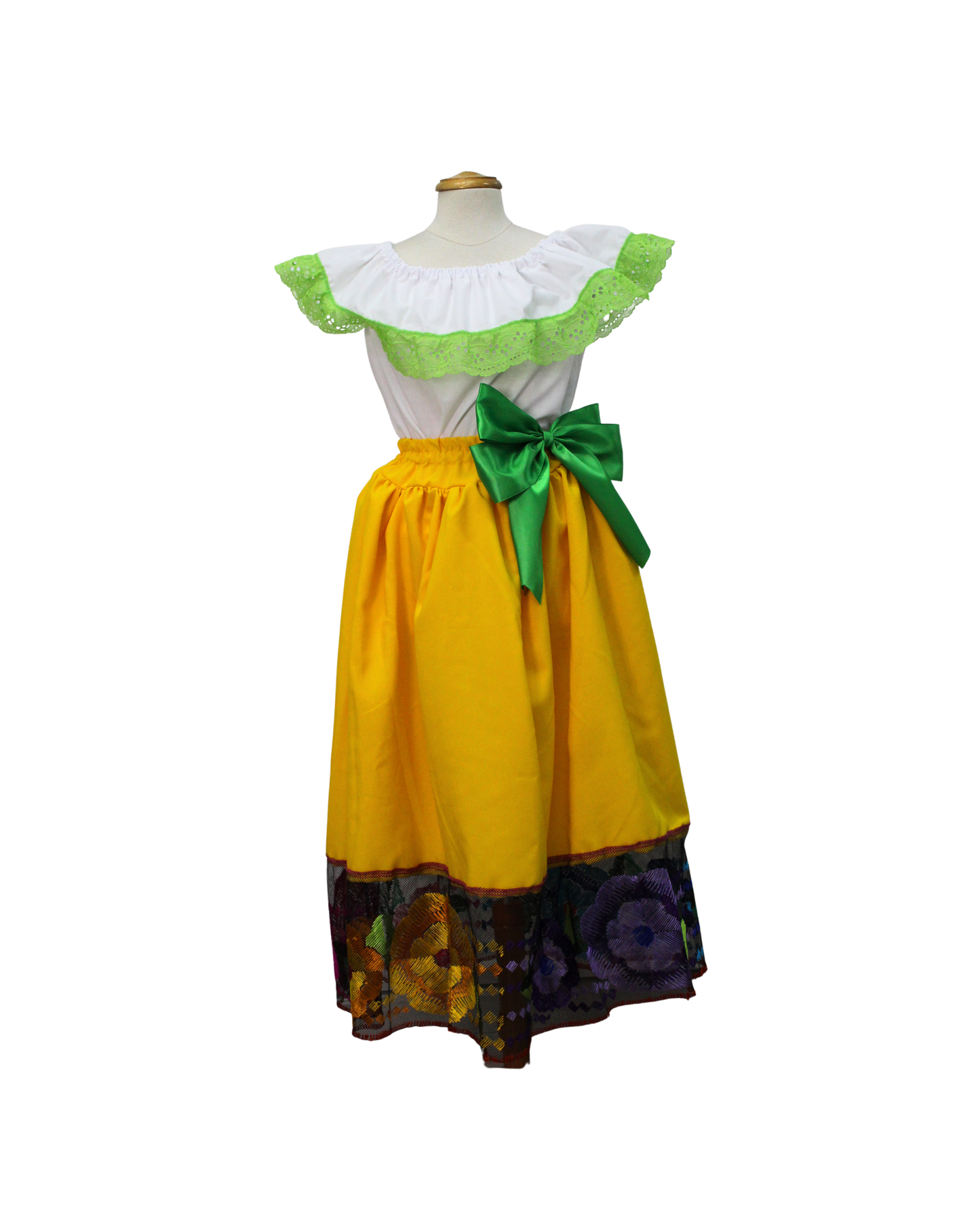 SET FALDA ADELITA AMARILLO CANARIO BLUSA MANGA CAMPESINA ENCAJE VERDE
