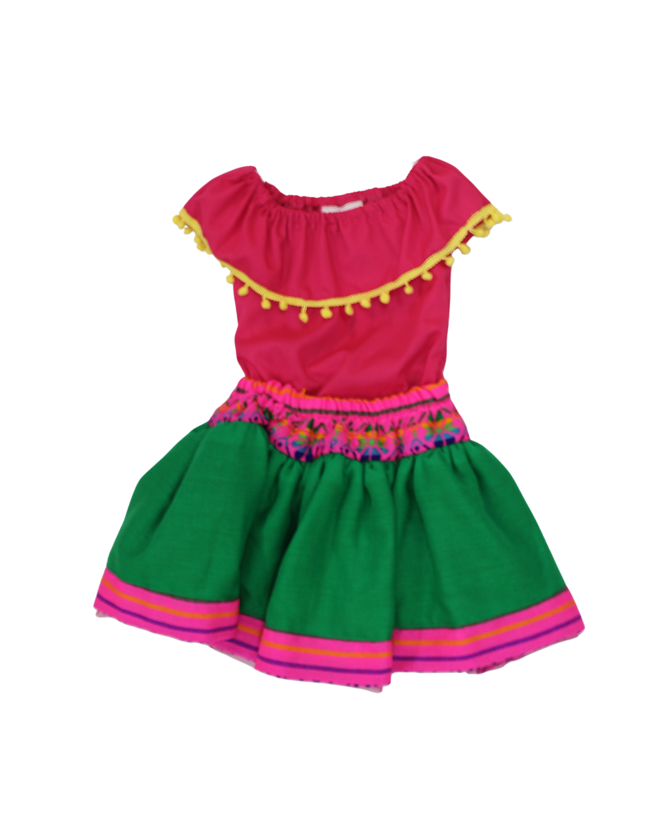 SET PATRIO TUTU CON BLUSA CAMPESINA ROSA POMPON AMARILLO, FALDA VERDE