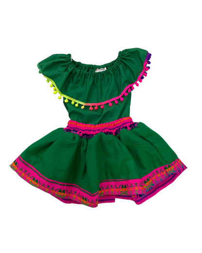 SET PATRIO TUTU CON BLUSA CAMPESINA VERDE POMPON ARCOIRIS, FALDA CAMBAYA VERDE
