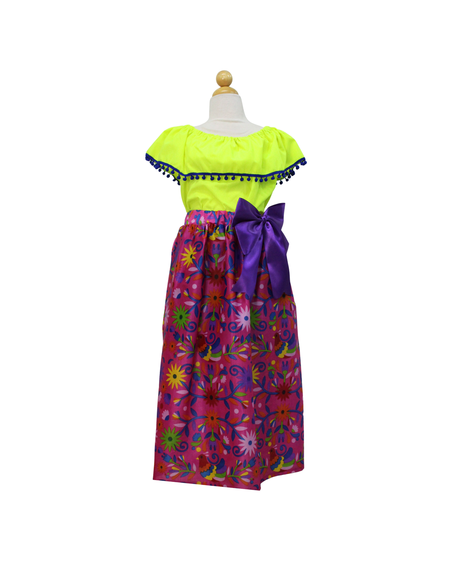 SET FALDA ADELITA FLORES  BLUSA CAMPESINA AMARILLA POMPON AZUL
