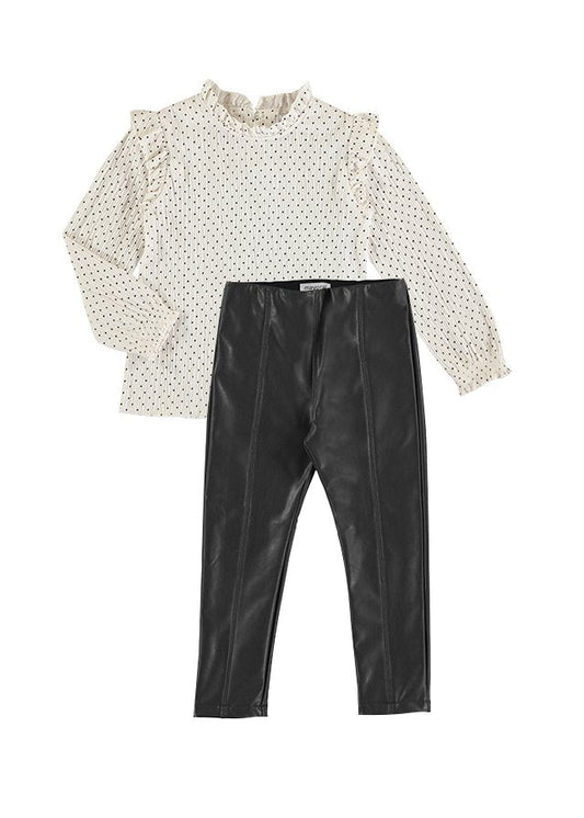 set pantalón polipiel y blusa lunares