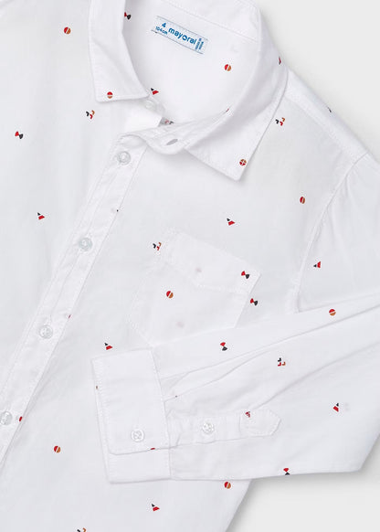 camisa manga larga, color blanco con pequeños dibujos