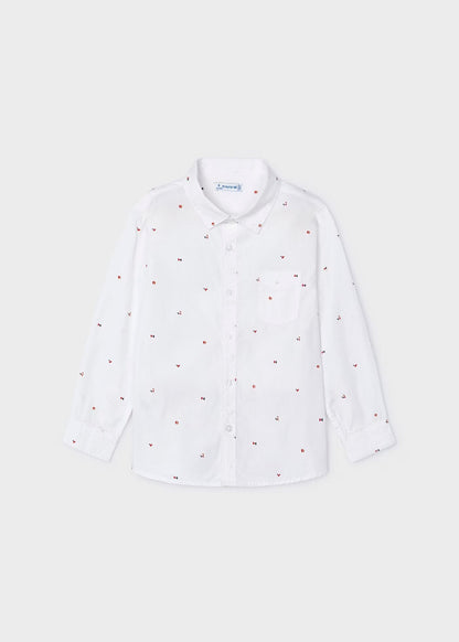 camisa manga larga, color blanco con pequeños dibujos
