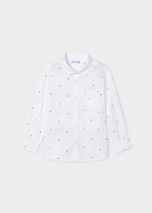 camisa manga larga, color blanco con pequeños dibujos