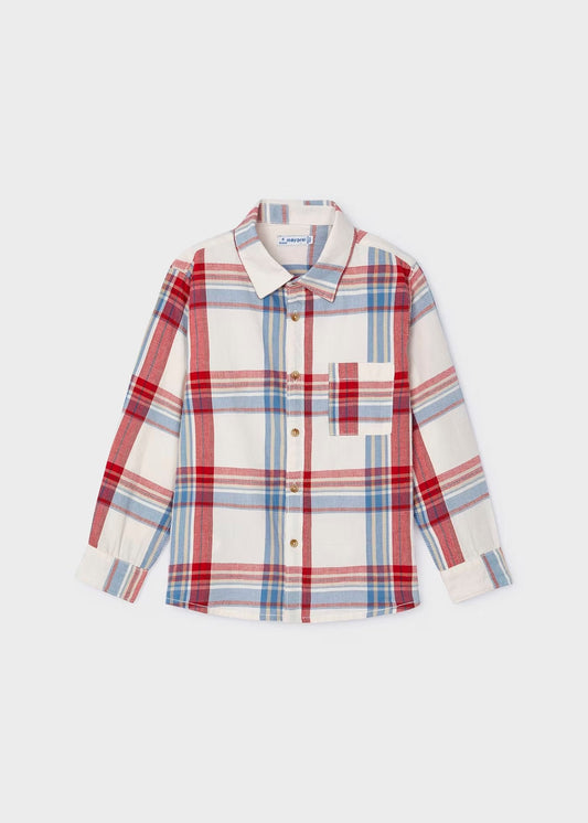 camisa manga larga, crudo, a cuadros azul y rojo