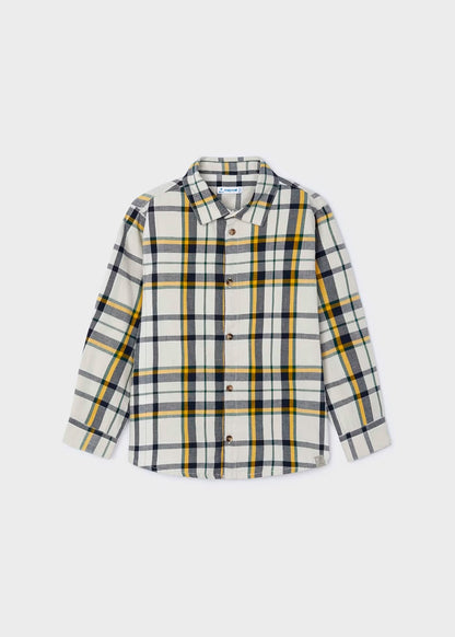 camisa manga larga, crudo, a cuadros amarillo y plomo