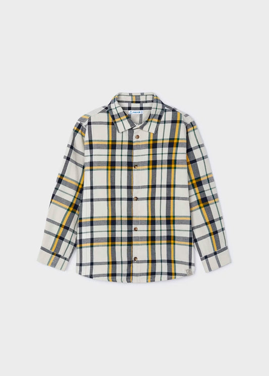 camisa manga larga, crudo, a cuadros amarillo y plomo