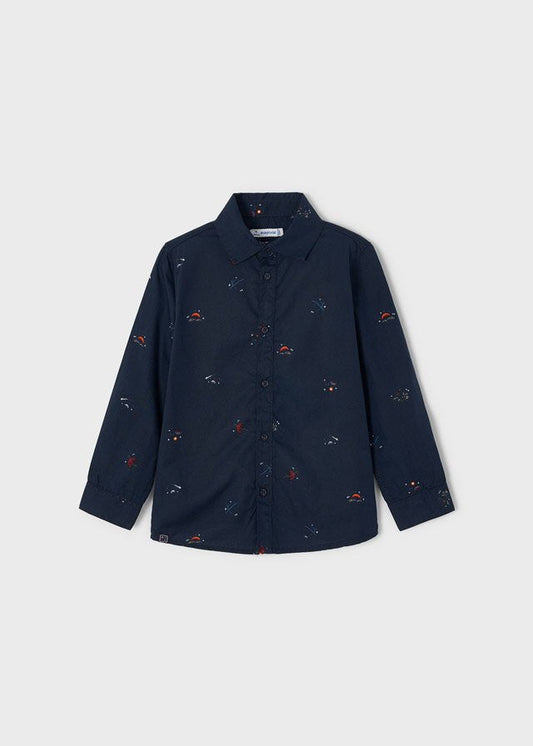 camisa azul marino estampada planetas estrellas