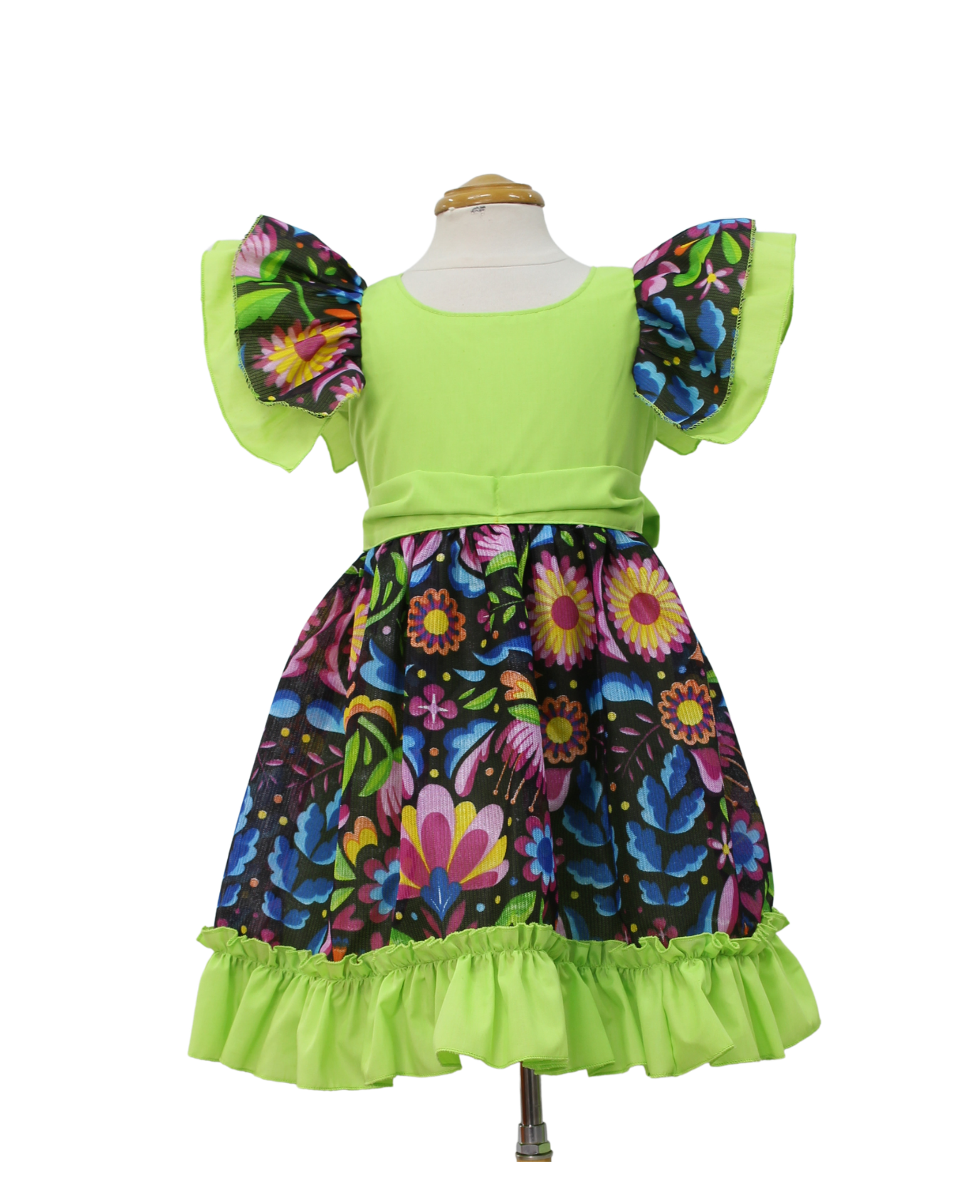 VESTIDO ADELITA TIPICO PATRIO ELEGANTE PETO VERDE FALDA FLORES NEGRA