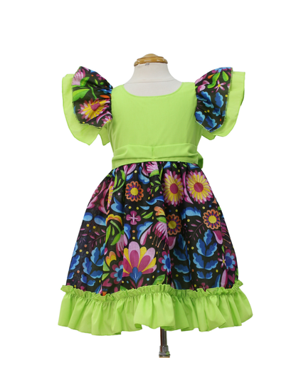 VESTIDO ADELITA TIPICO PATRIO ELEGANTE PETO VERDE FALDA FLORES NEGRA