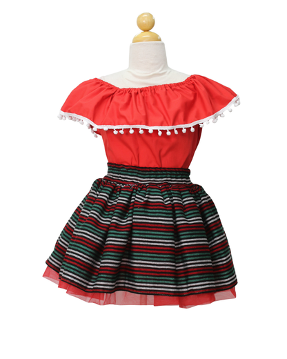 SET PATRIO TUTU CON BLUSA CAMPESINA ROJA POMPON BLANCO, FALDA CAMBAYA RAYAS
