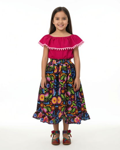 SET FALDA ADELITA FLORES  BLUSA CAMPESINA ROSA POMPON ROSA