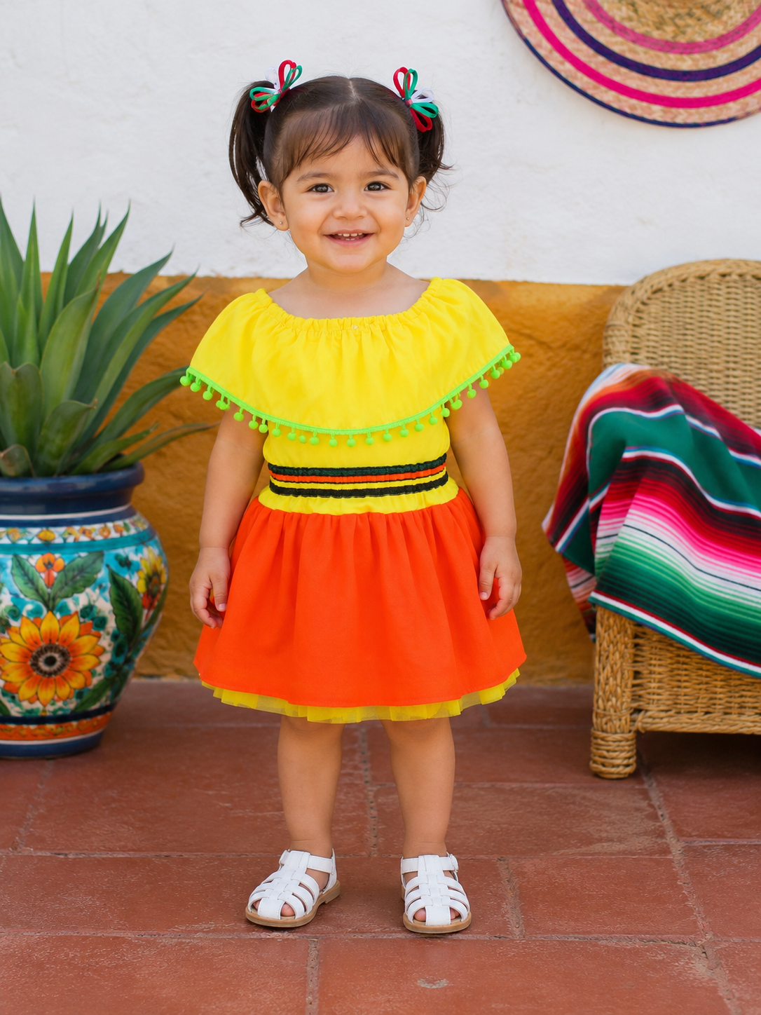 SET PATRIO TUTU CON BLUSA CAMPESINA AMARILLA POMPON VERDE, FALDA NARANJA