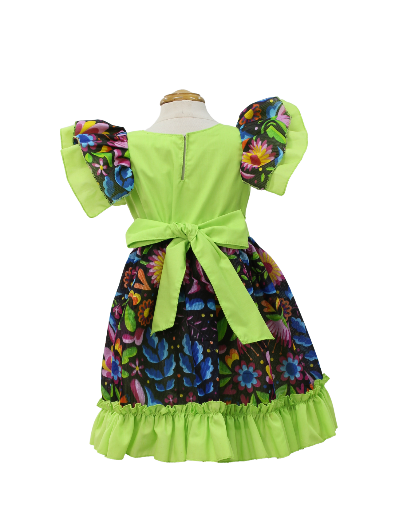 VESTIDO ADELITA TIPICO PATRIO ELEGANTE PETO VERDE FALDA FLORES NEGRA