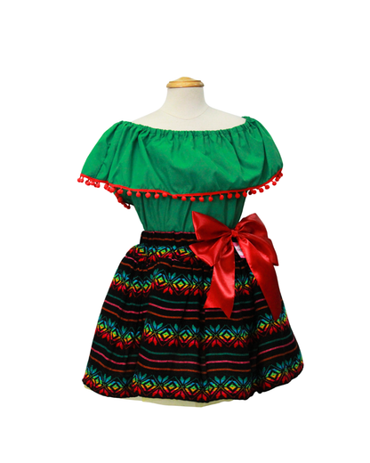 SET PATRIO TUTU CON BLUSA CAMPESINA VERDE POMPON ROJO, FALDA RAYAS CAMAYA