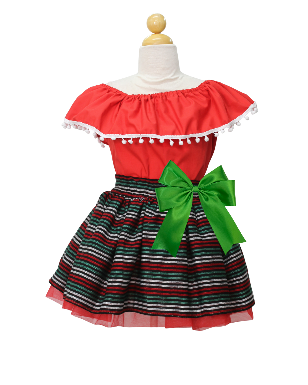 SET PATRIO TUTU CON BLUSA CAMPESINA ROJA POMPON BLANCO, FALDA CAMBAYA RAYAS