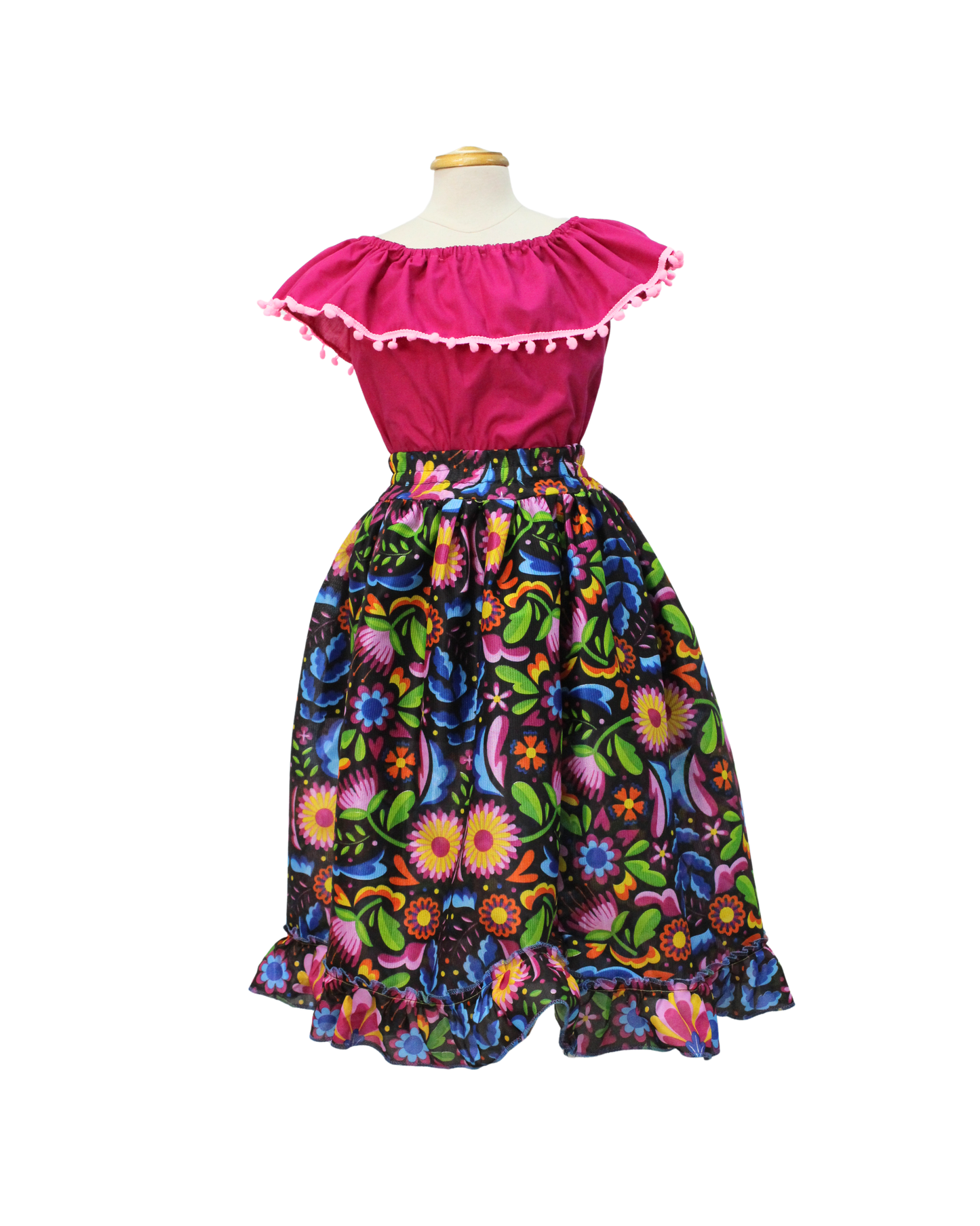 SET FALDA ADELITA FLORES  BLUSA CAMPESINA ROSA POMPON ROSA