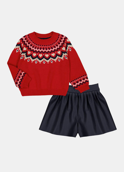 set suéter guinda con corazones y short vinipiel azul, mayoral