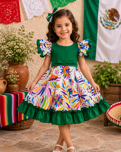 VESTIDO ADELITA TIPICO PATRIO ELEGANTE PETO VERDE BANDERA, FALDA FLORES BLANCA