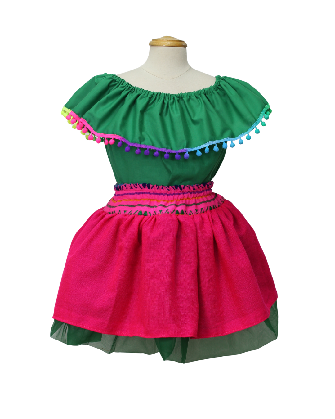 SET PATRIO TUTU CON BLUSA CAMPESINA VERDE POMPON ARCOIRIS, FALDA CAMBAYA ROSA