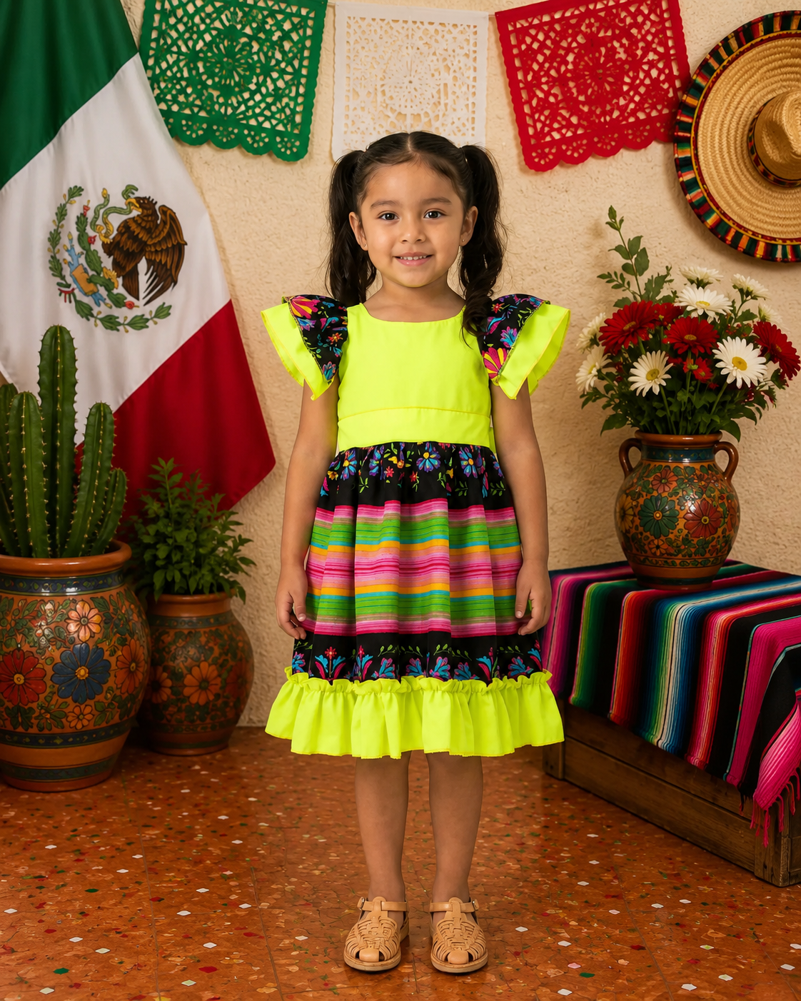 VESTIDO ADELITA TIPICO PATRIO ELEGANTE PETO AMARILLO NOEN FALDA RAYAS NEGRO