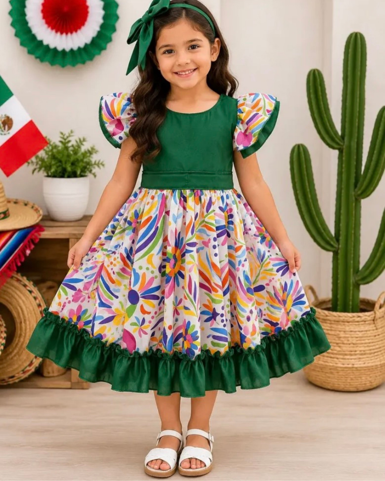 VESTIDO ADELITA TIPICO PATRIO ELEGANTE PETO VERDE BANDERA, FALDA FLORES BLANCA