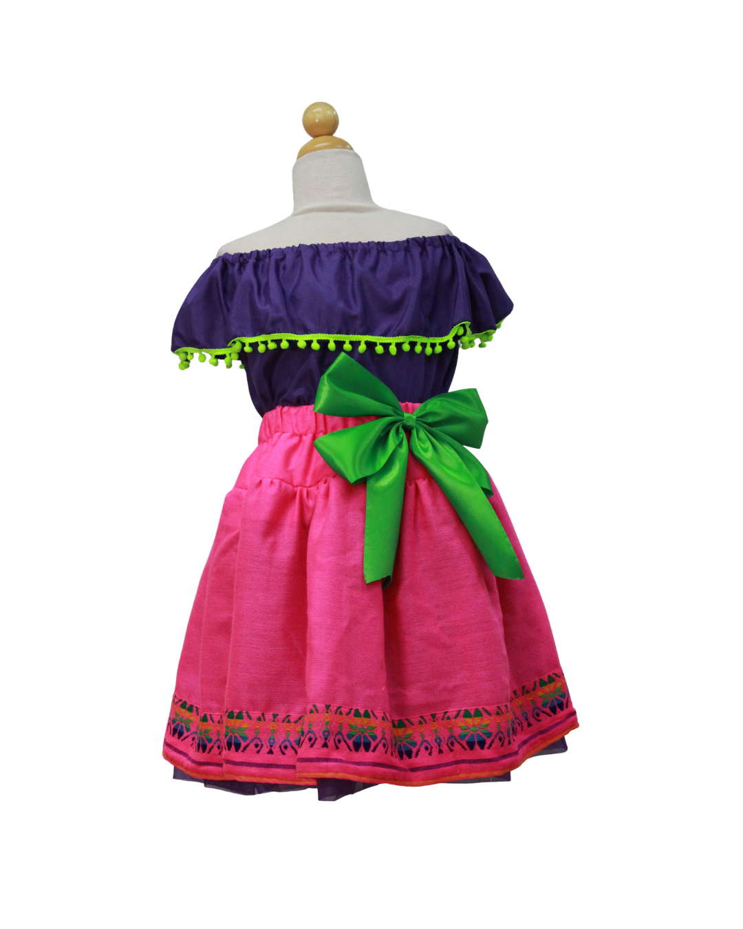 SET PATRIO TUTU CON BLUSA CAMPESINA MORADA POMPON VERDE, FALDA ROSA CAMAYA