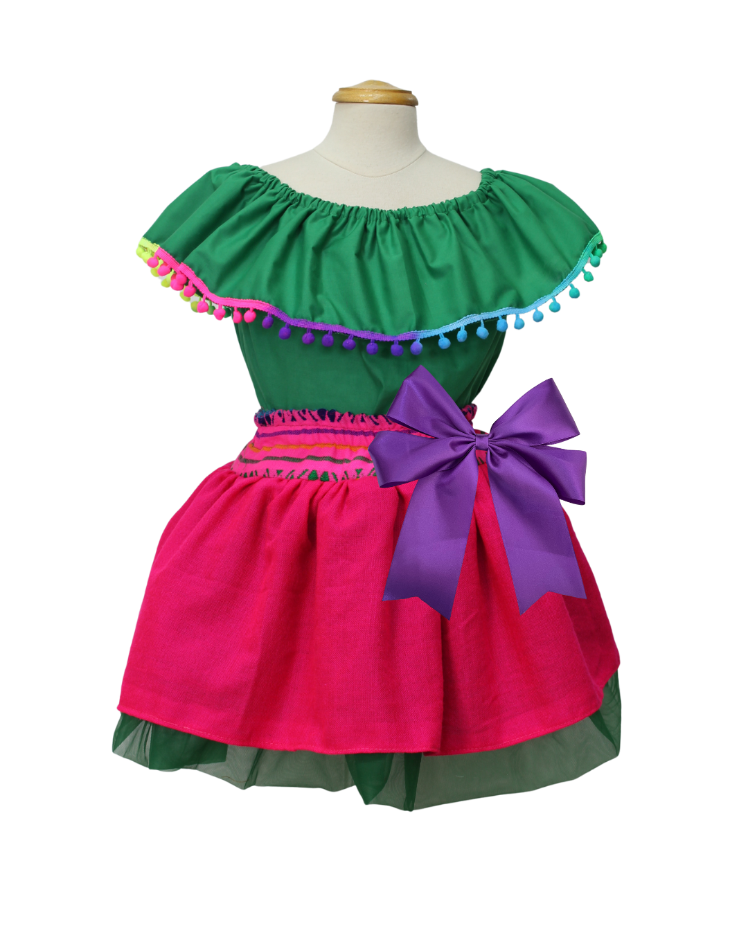 SET PATRIO TUTU CON BLUSA CAMPESINA VERDE POMPON ARCOIRIS, FALDA CAMBAYA ROSA