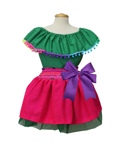 SET PATRIO TUTU CON BLUSA CAMPESINA VERDE POMPON ARCOIRIS, FALDA CAMBAYA ROSA