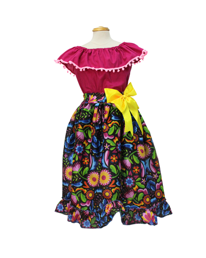 SET FALDA ADELITA FLORES  BLUSA CAMPESINA ROSA POMPON ROSA