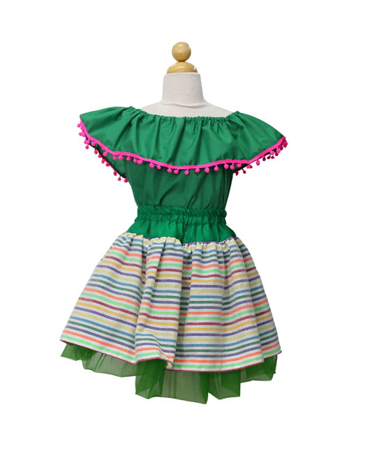 SET PATRIO TUTU CON BLUSA CAMPESINA VERDE POMPON ROSA, FALDA RAYAS